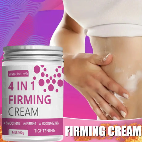 4-in-1 Firming Cream container with a woman applying cream to her stomach against a pink and purple gradient background.