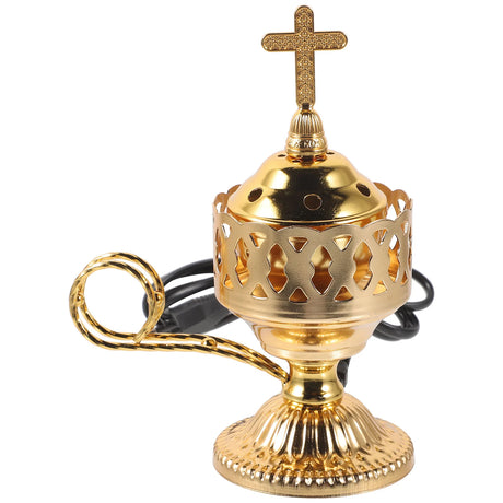 Gold incense burner with cross on a white background