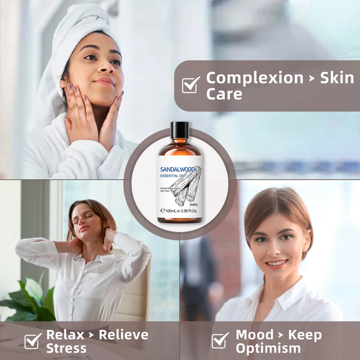 Advertisement for Sandalwood essential oil with woman applying oil, relaxing, and smiling.