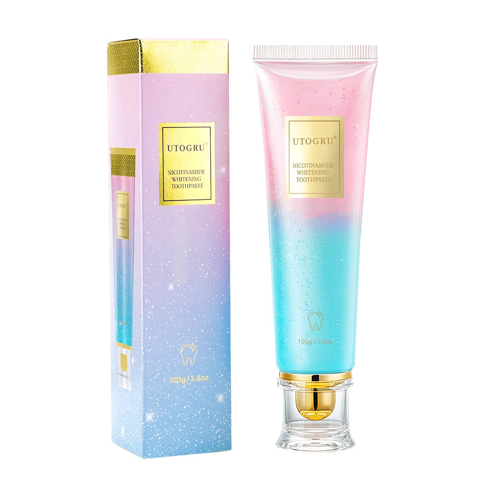 UTOGRU toothpaste tube and packaging with gradient design on a white background