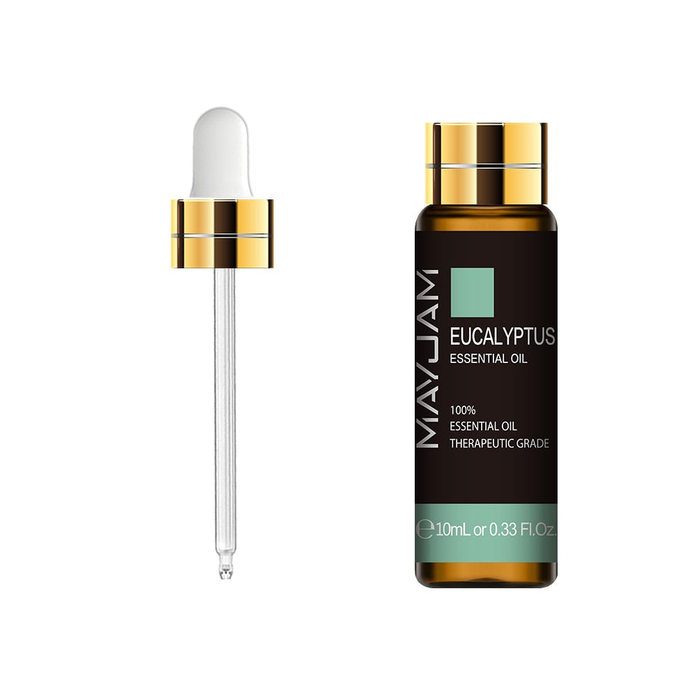 MayJam Eucalyptus essential oil bottle with dropper on a white background