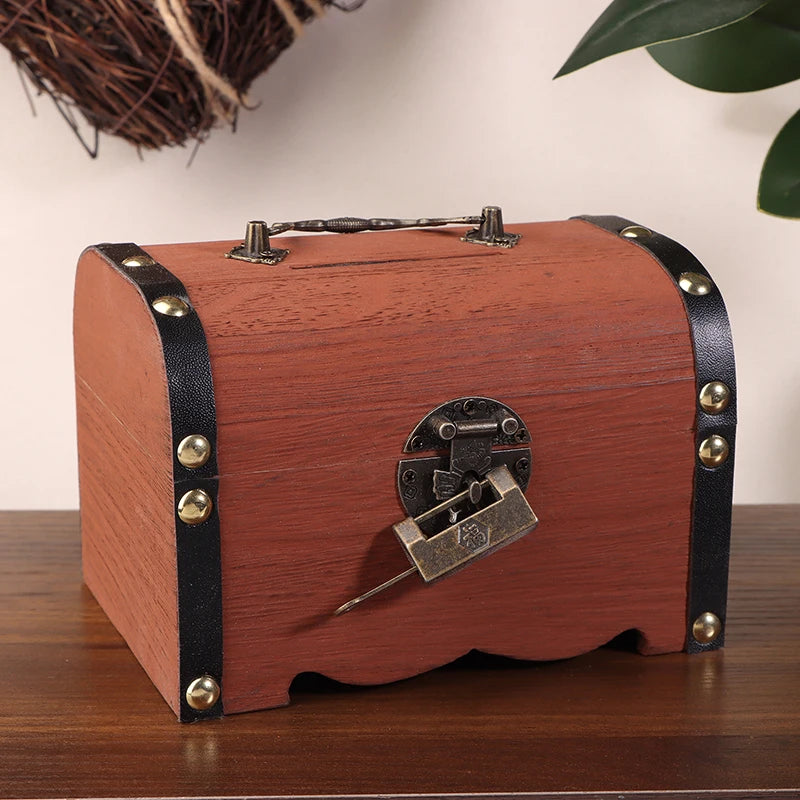 Wooden treasure chest with a lock on a wooden surface