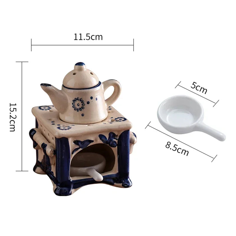 Ceramic teapot set with dimensions labeled on a white background