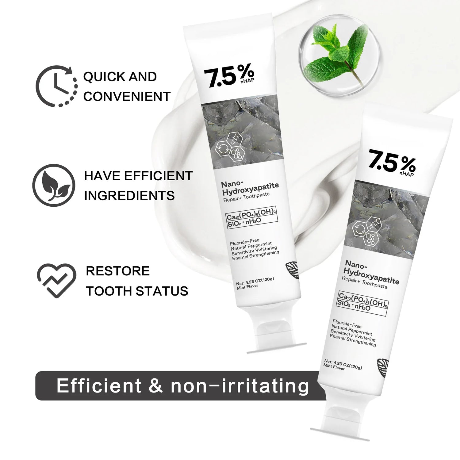 Two tubes of Nano Hydroxyapatite Toothpaste with text highlighting its benefits on a white background.