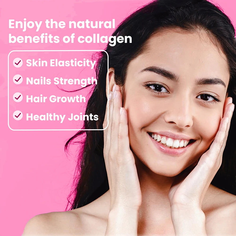 Woman with a happy expression on a pink background with text about collagen benefits.