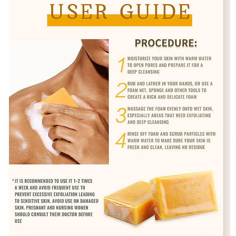 Instructions for a skincare procedure with soap bars and a person scrubbing their skin.