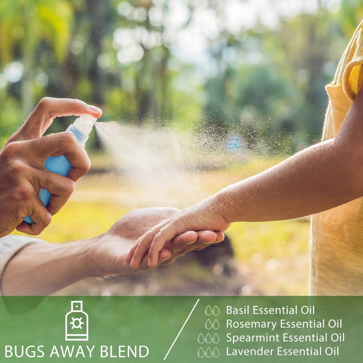 Person applying a spray to another person's hand with a natural outdoor background