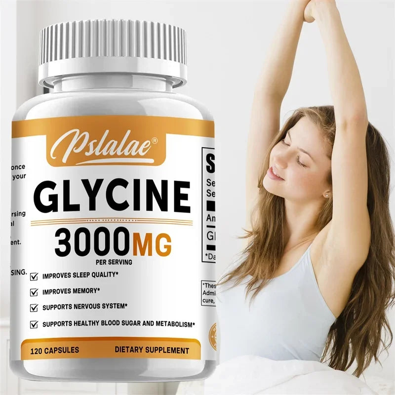 Pslalae Glycine 3000mg supplement bottle with a woman stretching in the background