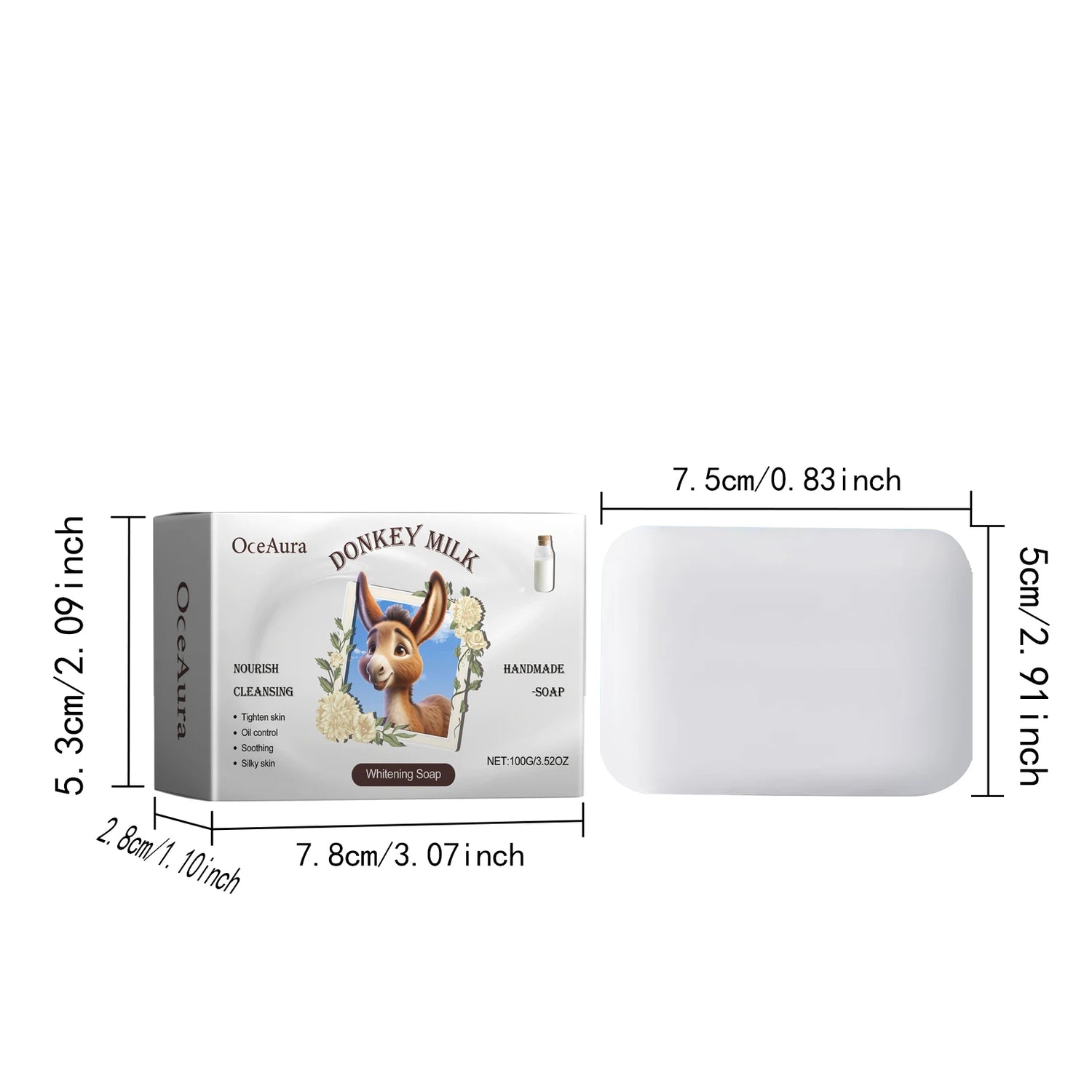OceAura Donkey Milk Soap packaging and bar with dimensions on a white background
