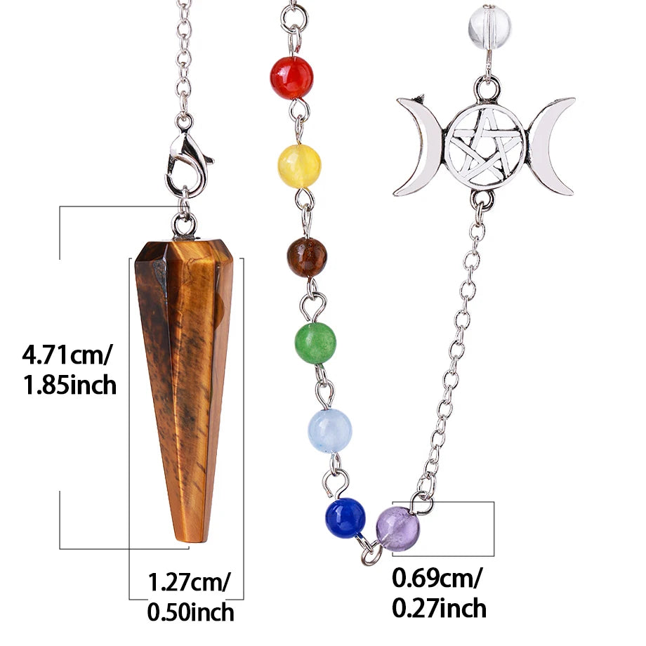 Crystal pendulum with chakra beads and measurements on a white background
