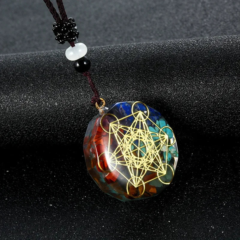 Necklace with a pendant featuring a geometric design on a dark background