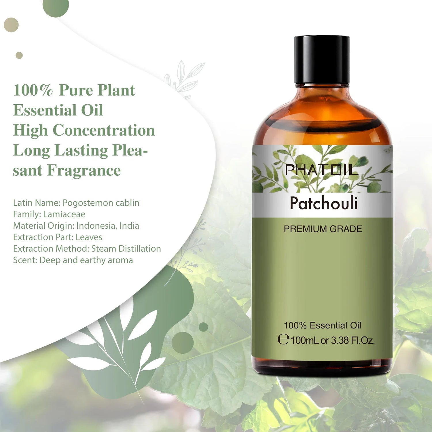 Patchouli essential oil bottle with label on a green leafy background
