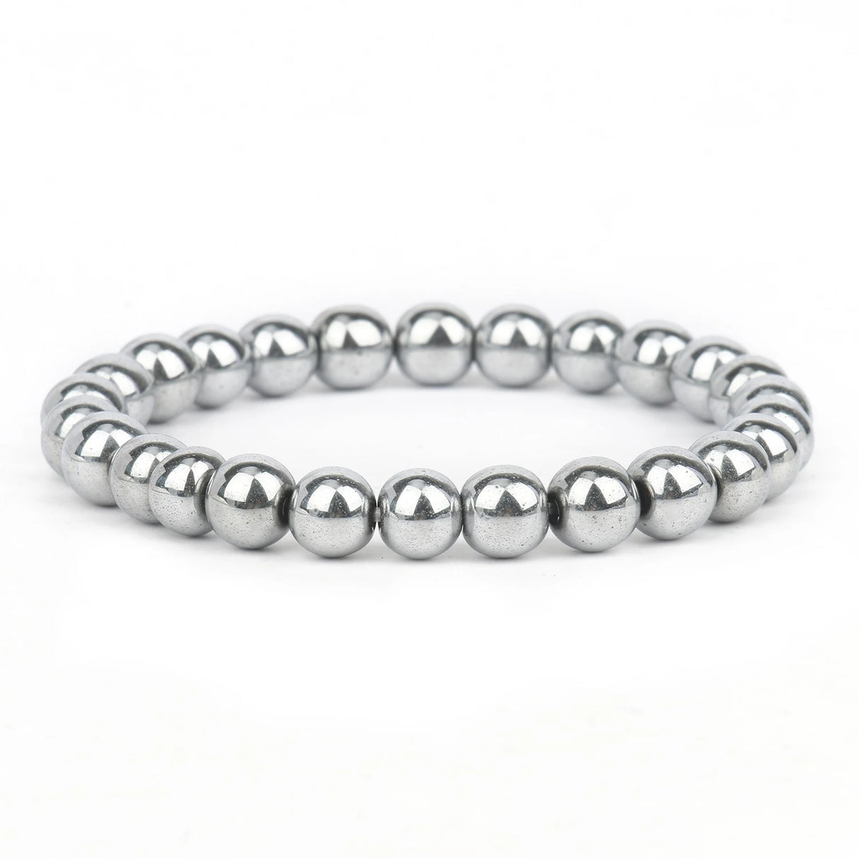 Silver beaded bracelet on a white background