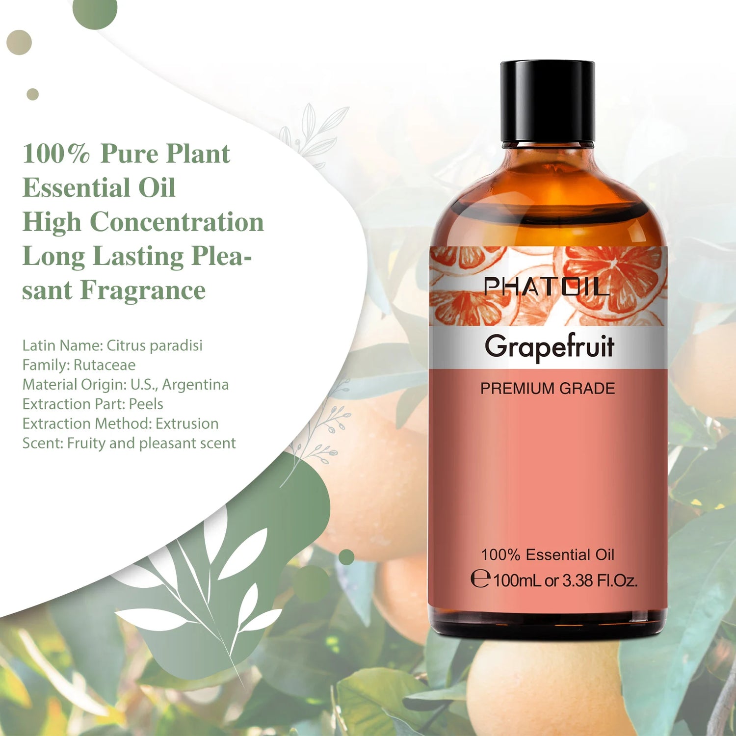 Grapefruit essential oil bottle with label on a white background