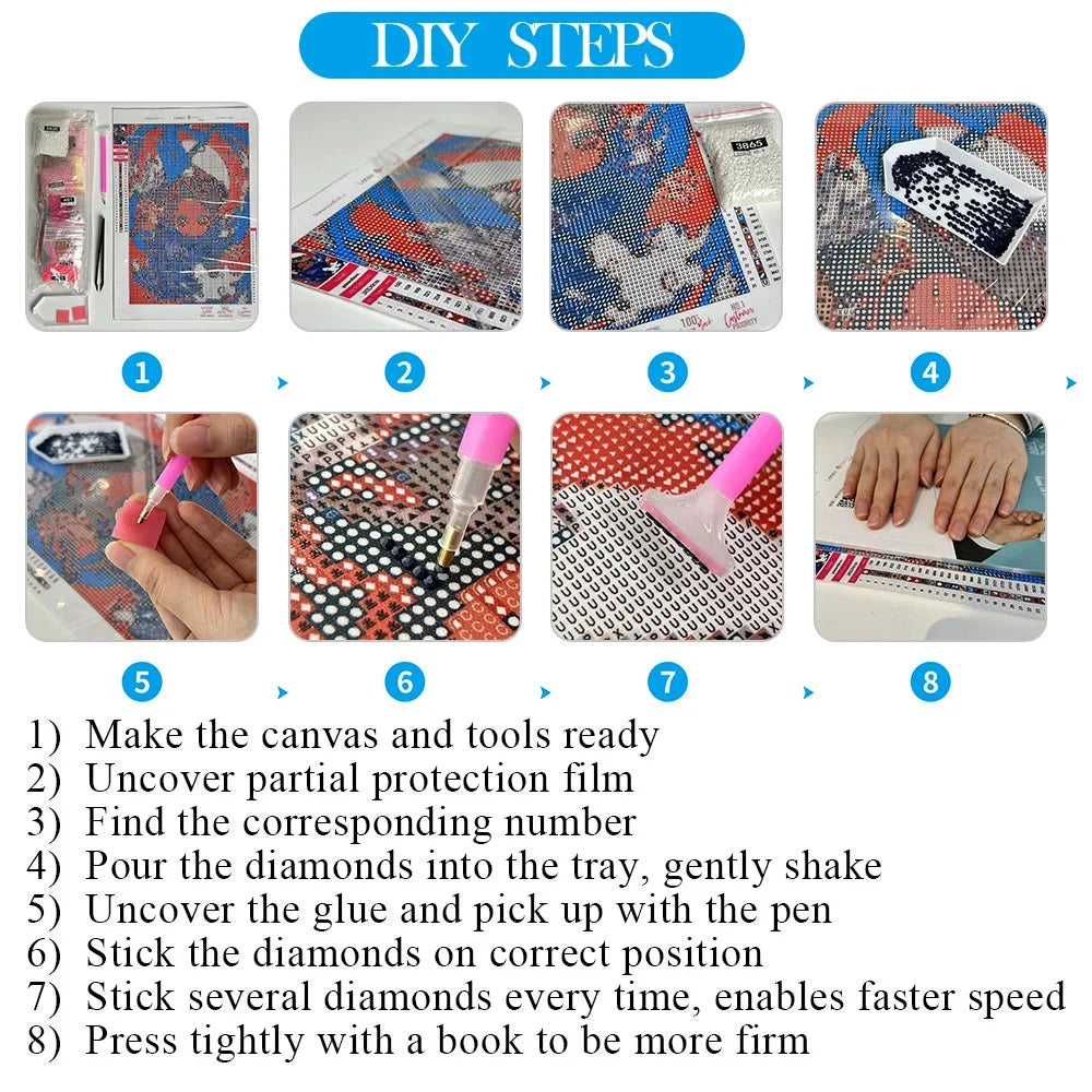 Step-by-step guide for a diamond painting project with images and text instructions.