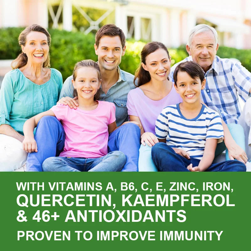 Family sitting outdoors with health product advertisement text overlay
