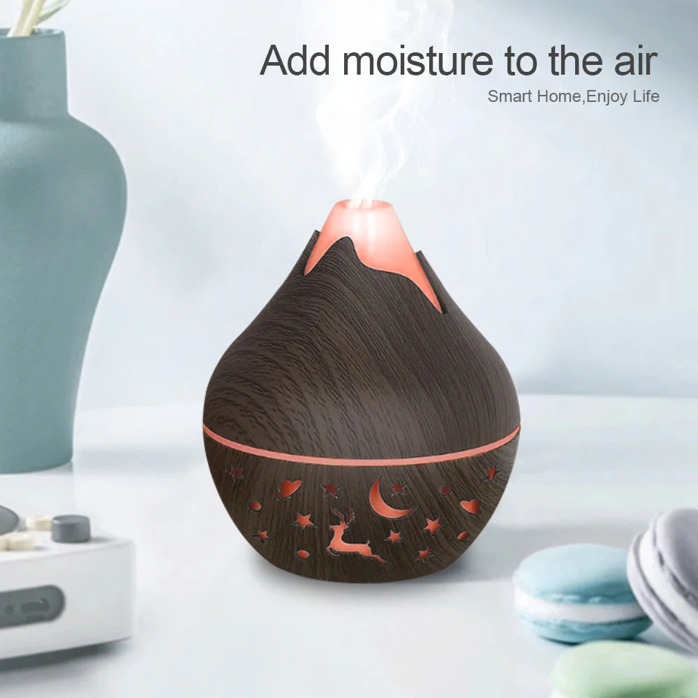 Wooden-textured diffuser with decorative elements on a light surface, with text 'Add moisture to the air' and 'Smart Home, Enjoy Life'.
