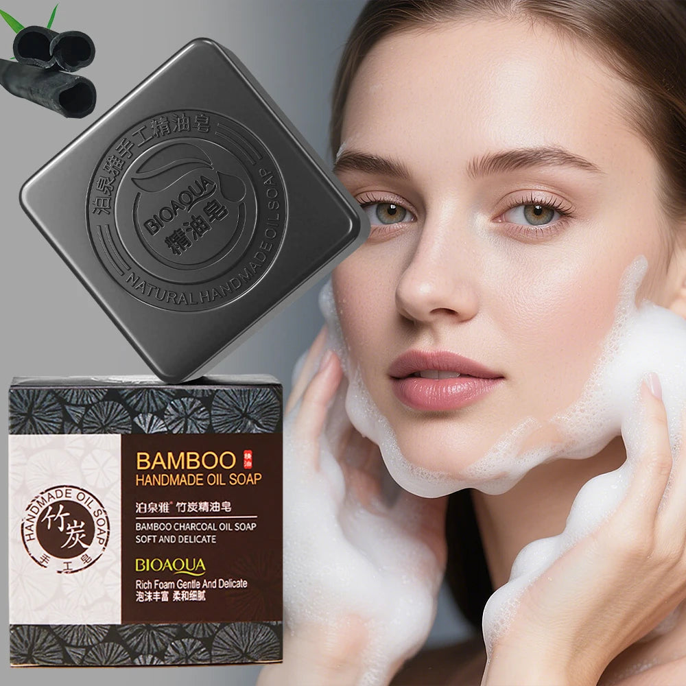 Bamboo handmade oil soap with a woman applying soap to her face