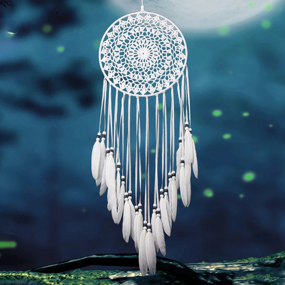 White dreamcatcher with feathers against a night sky with stars