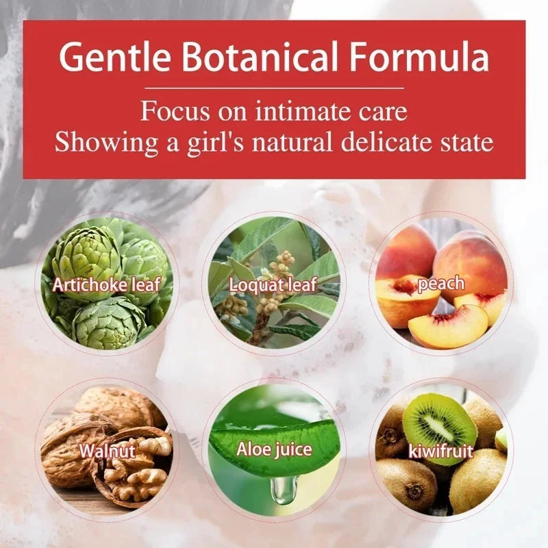 Product packaging with botanical ingredients and text about a 'Gentle Botanical Formula' for intimate care.
