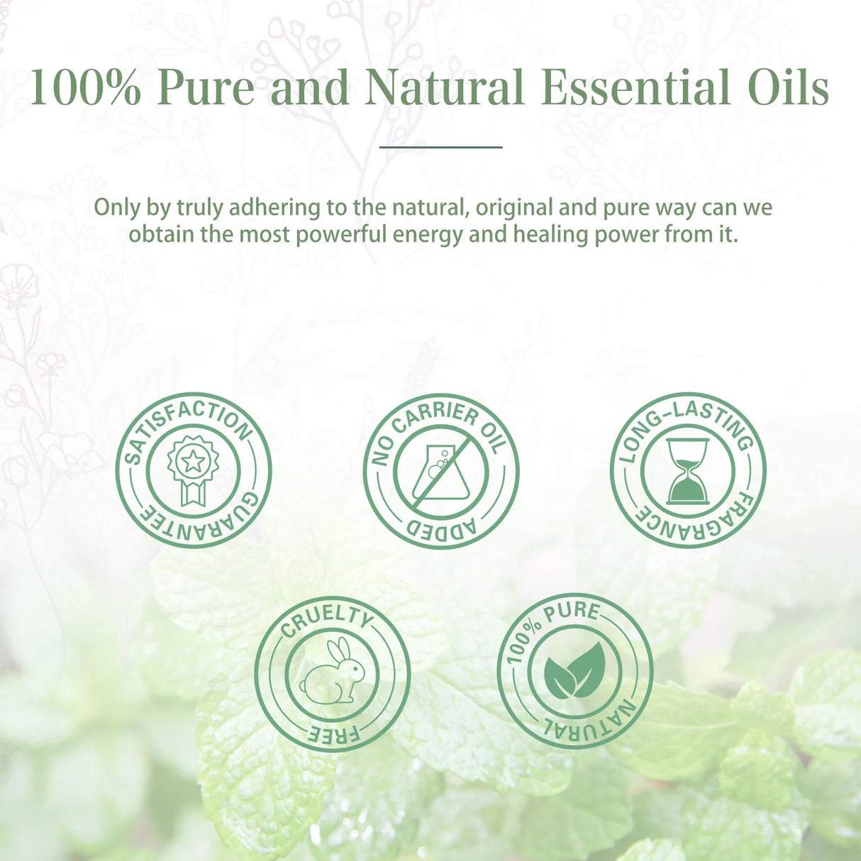 Promotional graphic for 100% pure and natural essential oils with certification icons on a light green background.