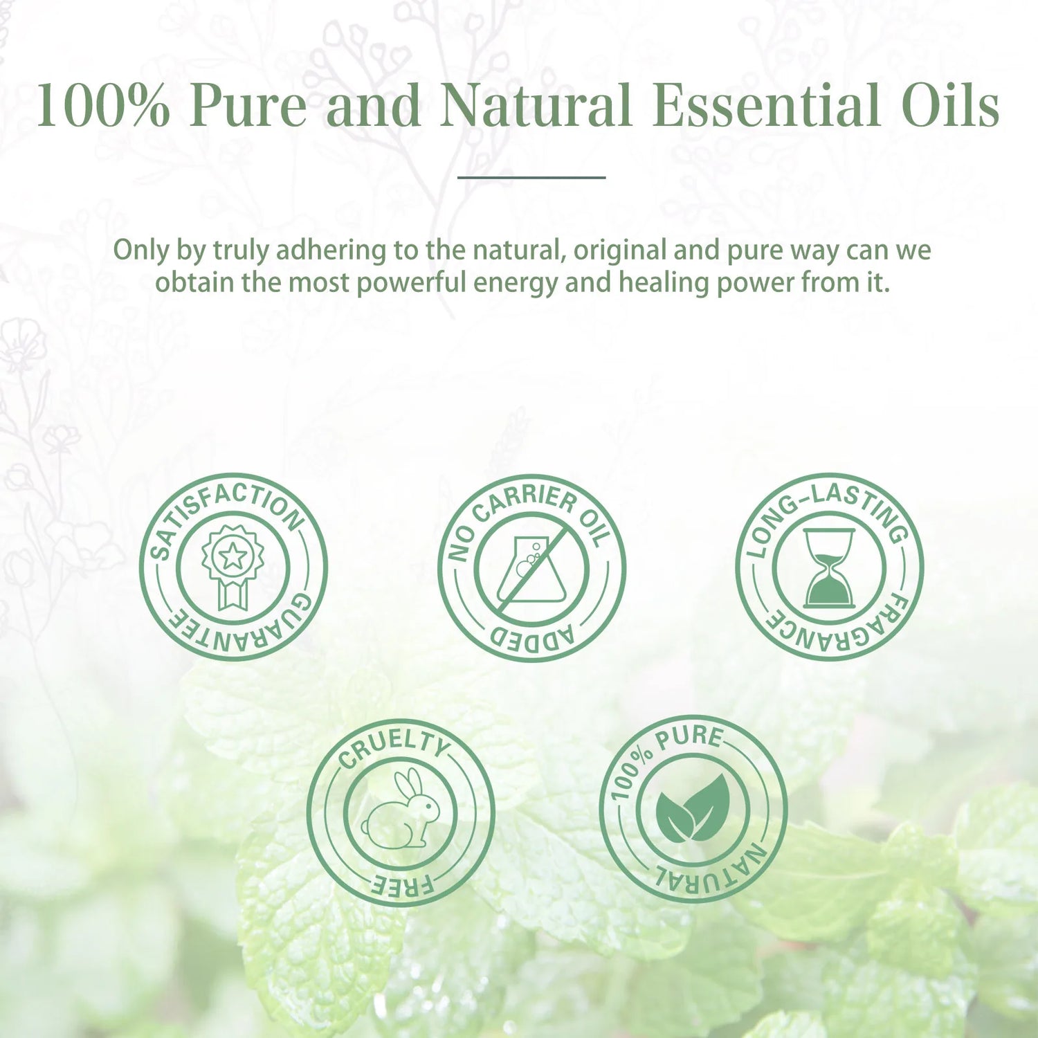 Promotional graphic for 100% pure and natural essential oils with certification icons on a light green background.