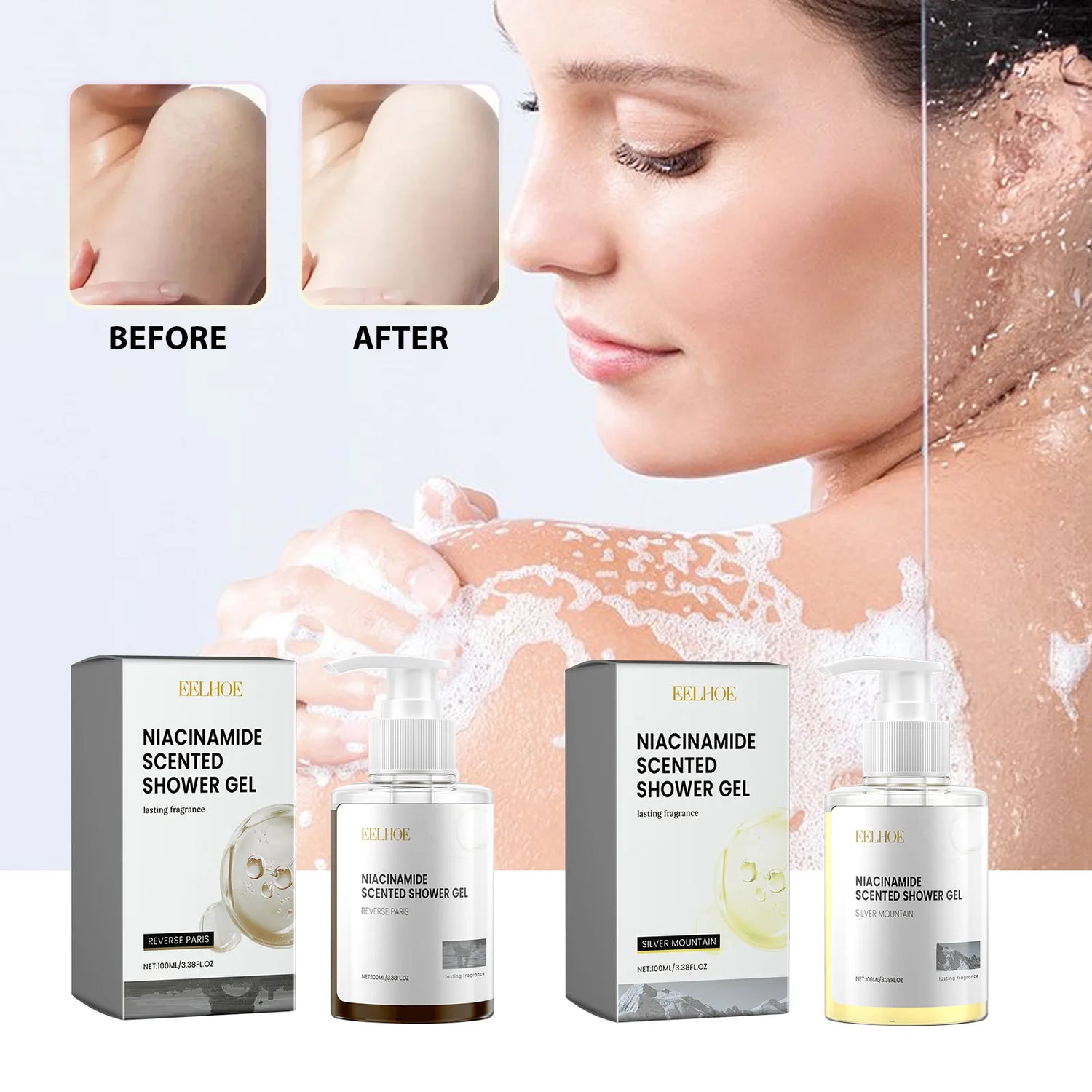 Before and after comparison of skin with Niacinamide Scented Shower Gel application, featuring product packaging and bottles.