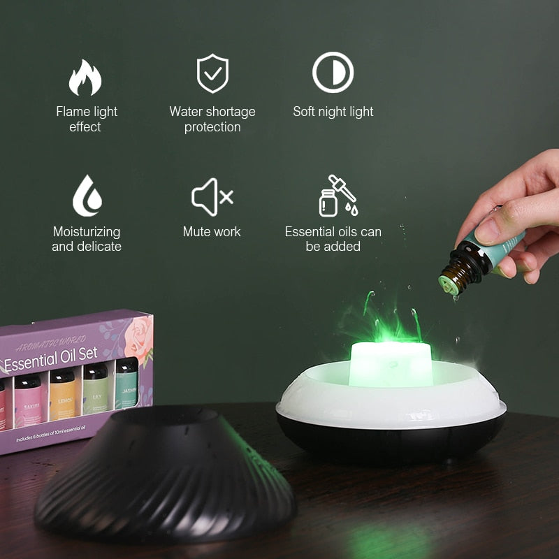 Hand adding essential oil to a diffuser with features listed on the screen.