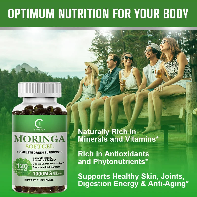 Moringa supplement bottle with people sitting by a lake, promoting optimum nutrition.