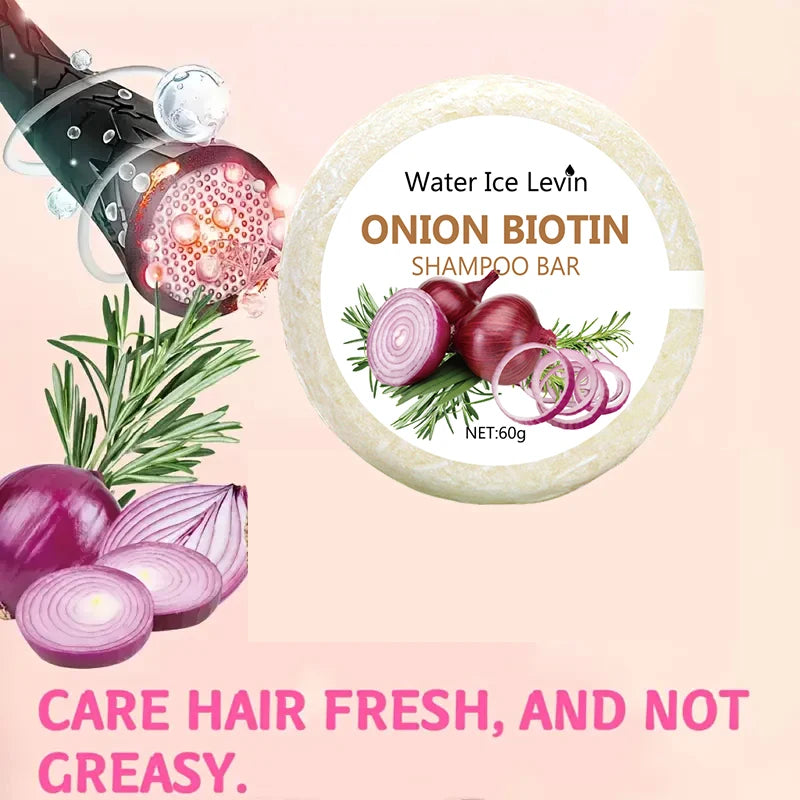 Shampoo bar with onion biotin ingredients on a pink background