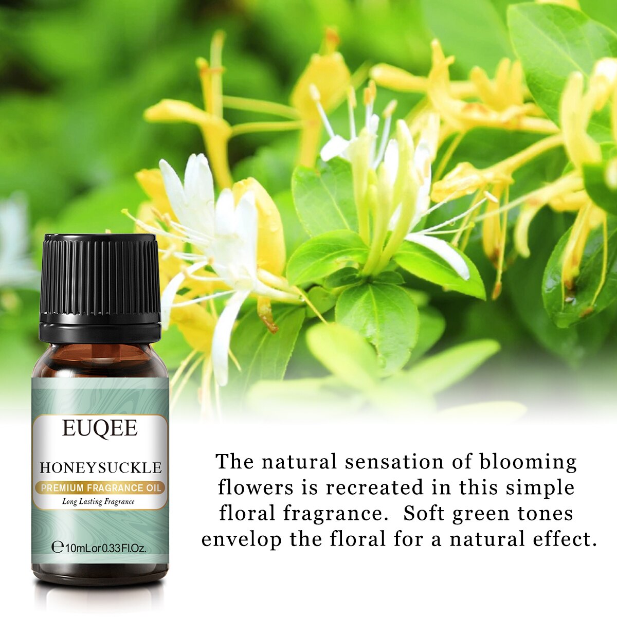EUQEE honeysuckle fragrance oil bottle with flowering plant in the background