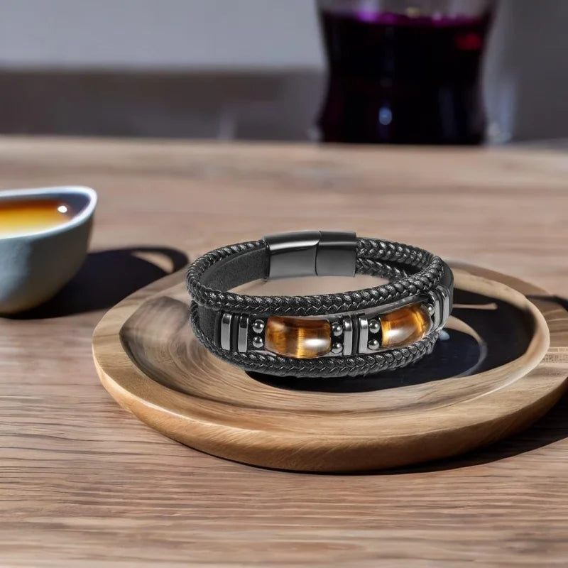 Bracelet on a wooden coaster with a blurred background