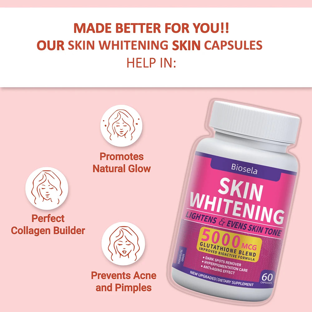Bioselia skin whitening capsules with benefits on a pink background