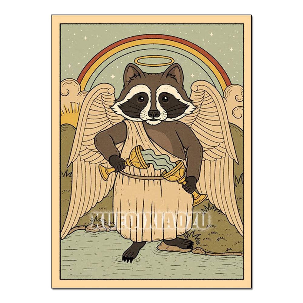 Illustration of a raccoon angel holding a cornucopia with a rainbow and clouds in the background.
