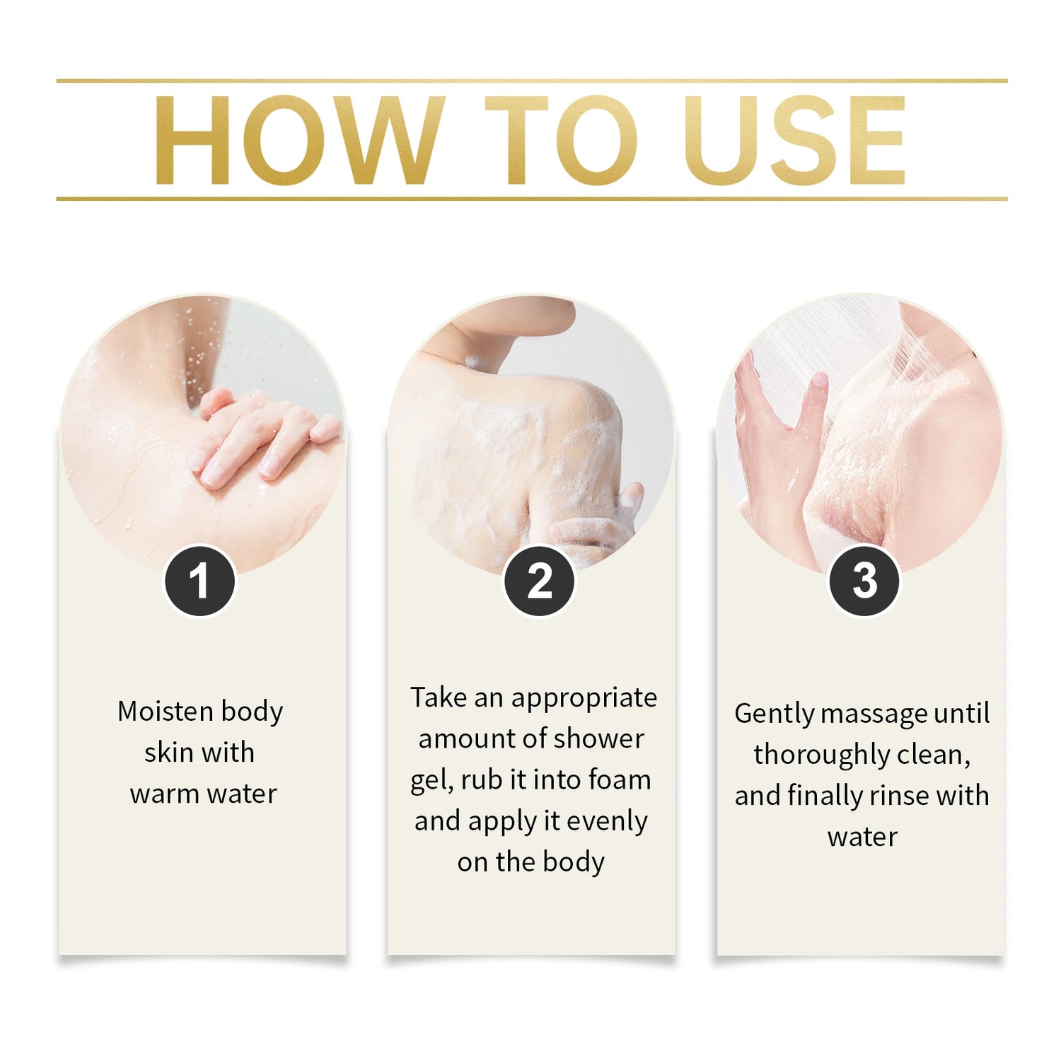 Instructions on how to use shower gel with three steps shown.