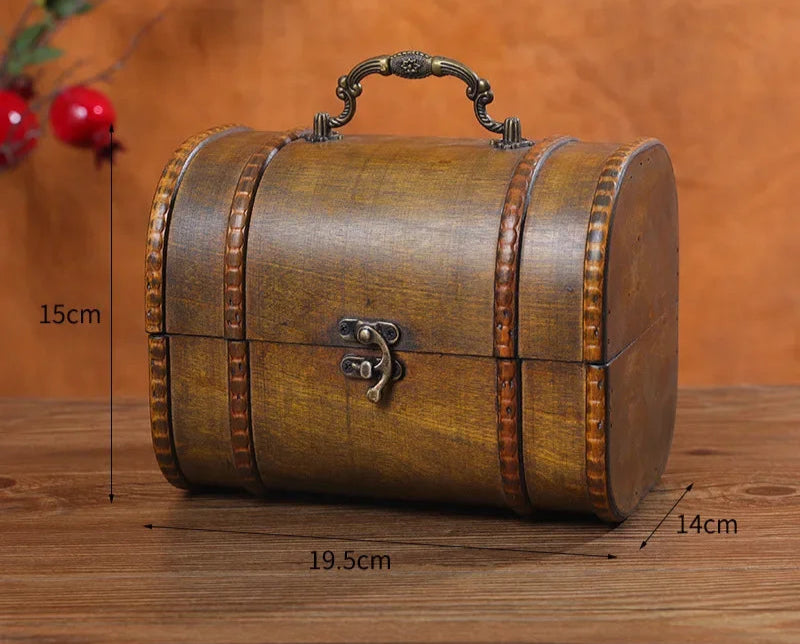 Wooden treasure chest with measurements on a wooden surface