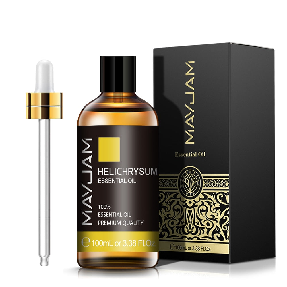 Mayuam Helichrysum essential oil bottle with dropper and packaging on a white background