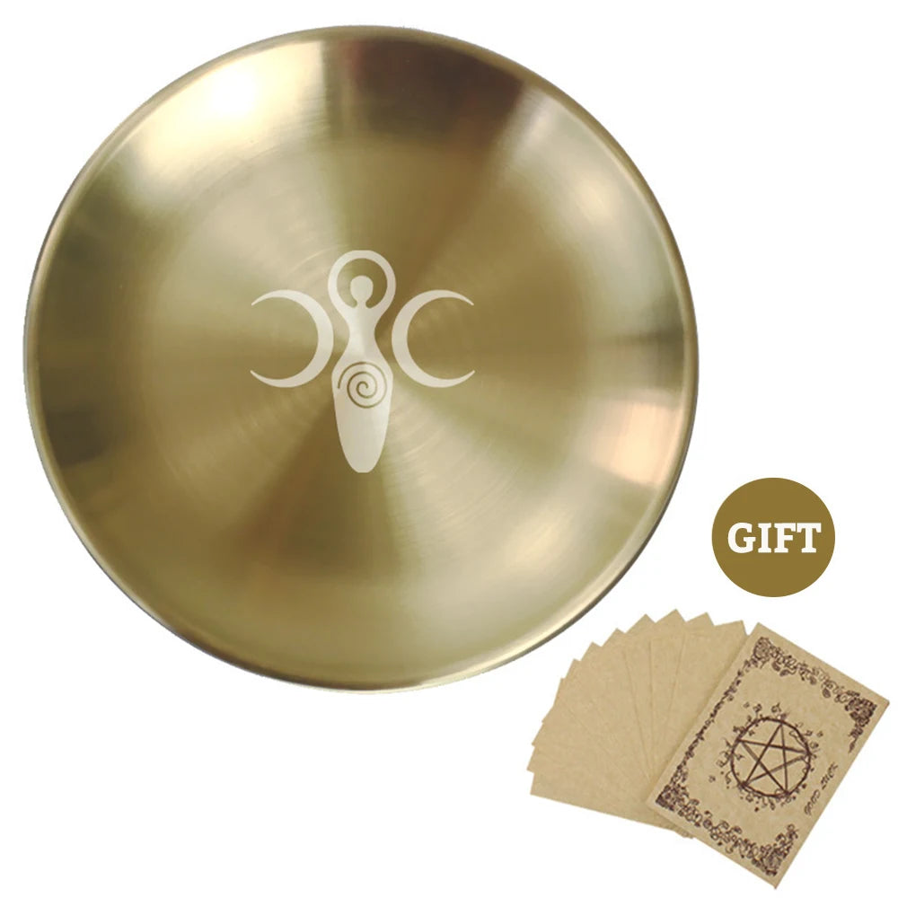 Gold disc with a symbol and brown cards with symbols on a white background