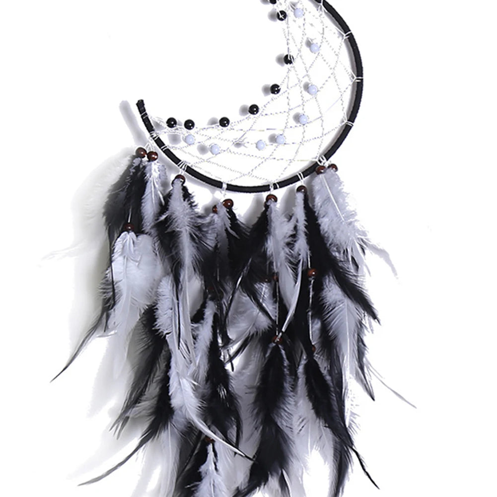 Black and white dreamcatcher with feathers on a white background