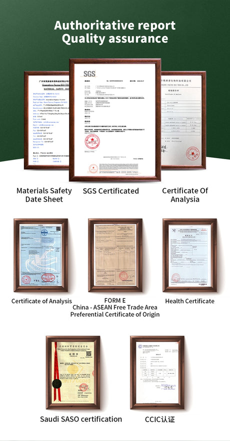 Collection of certifications and documents on a white background with a green border.