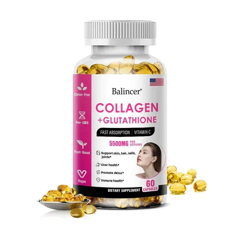 Balincer Collagen + Glutathione supplement bottle with capsules on a white background