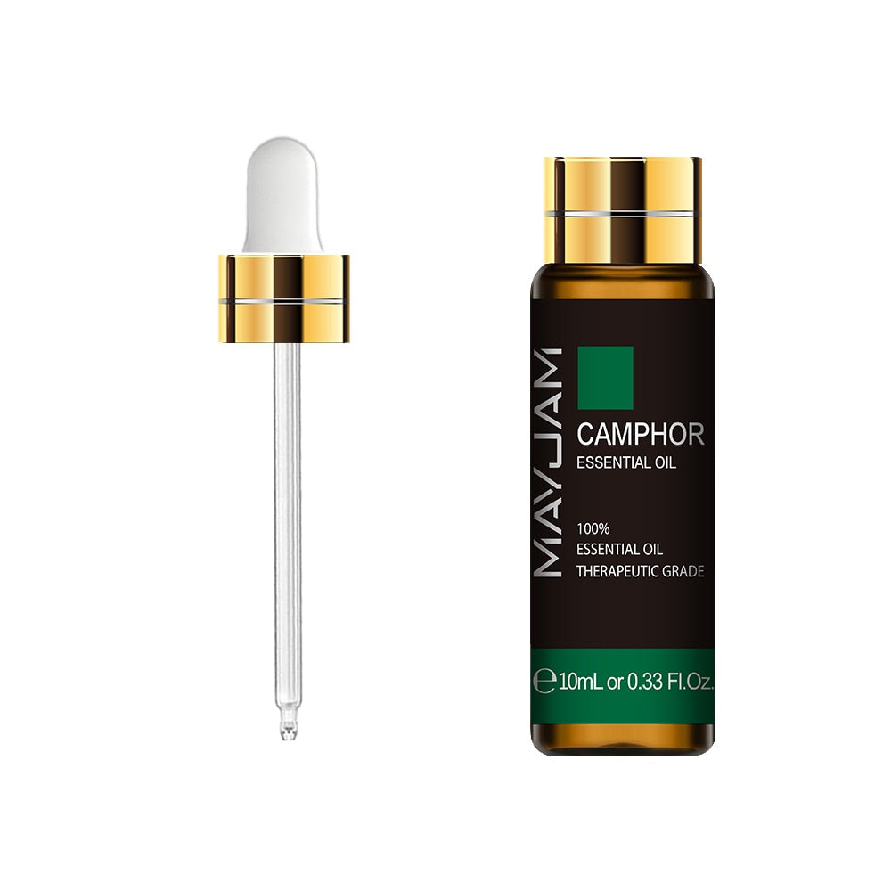 Mayjam Camphor essential oil bottle with dropper on a white background