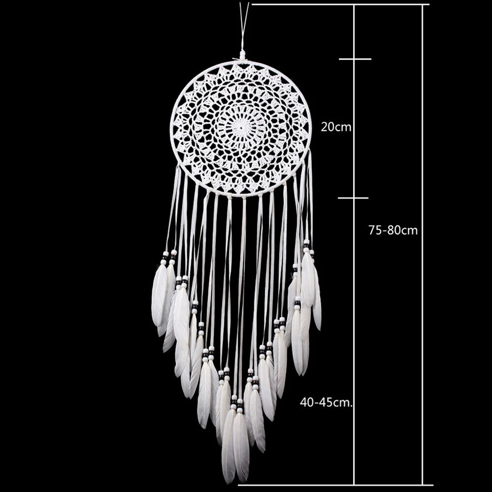 White dreamcatcher with feather details and measurements on a black background