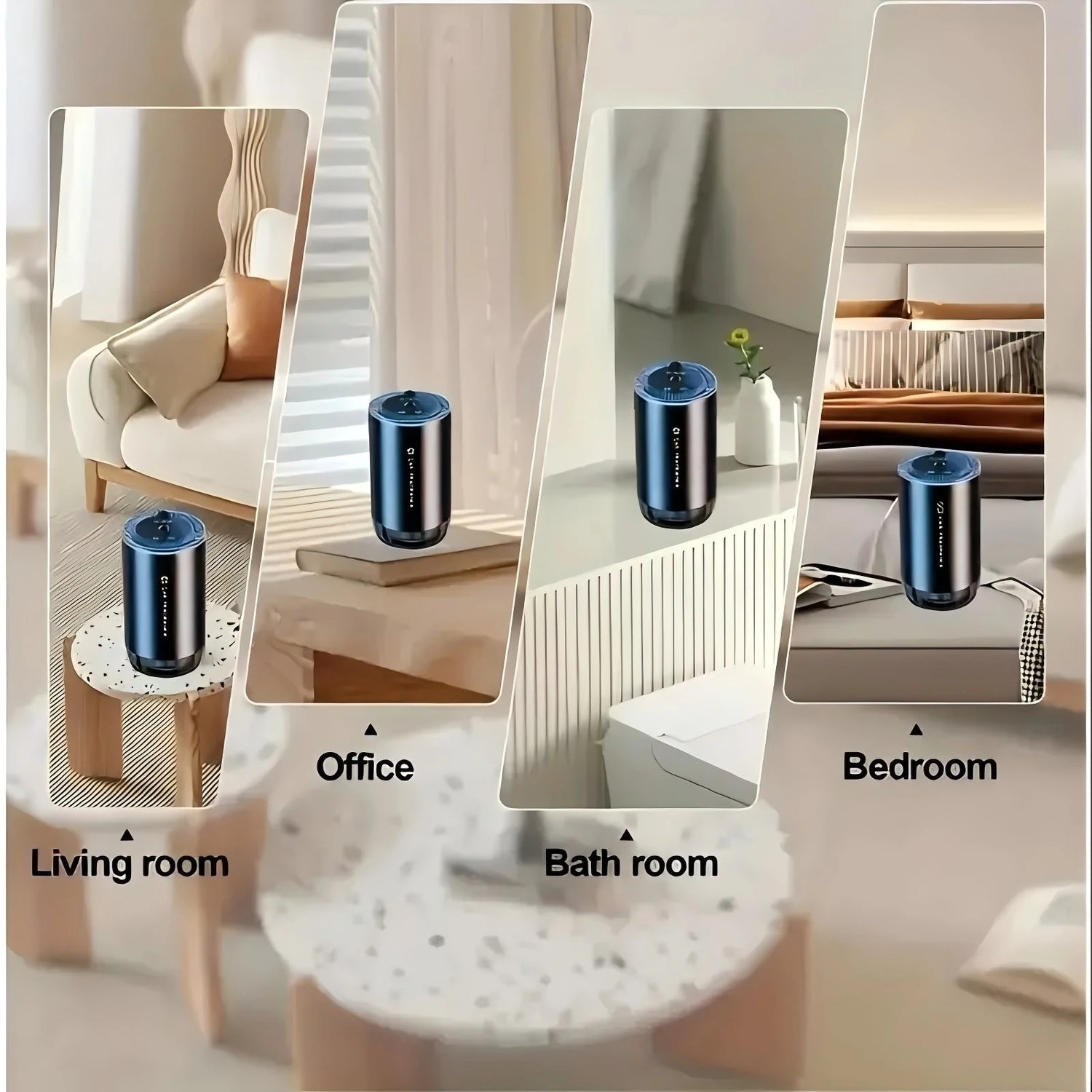 Multifunctional device shown in various indoor settings including office, living room, bathroom, and bedroom.