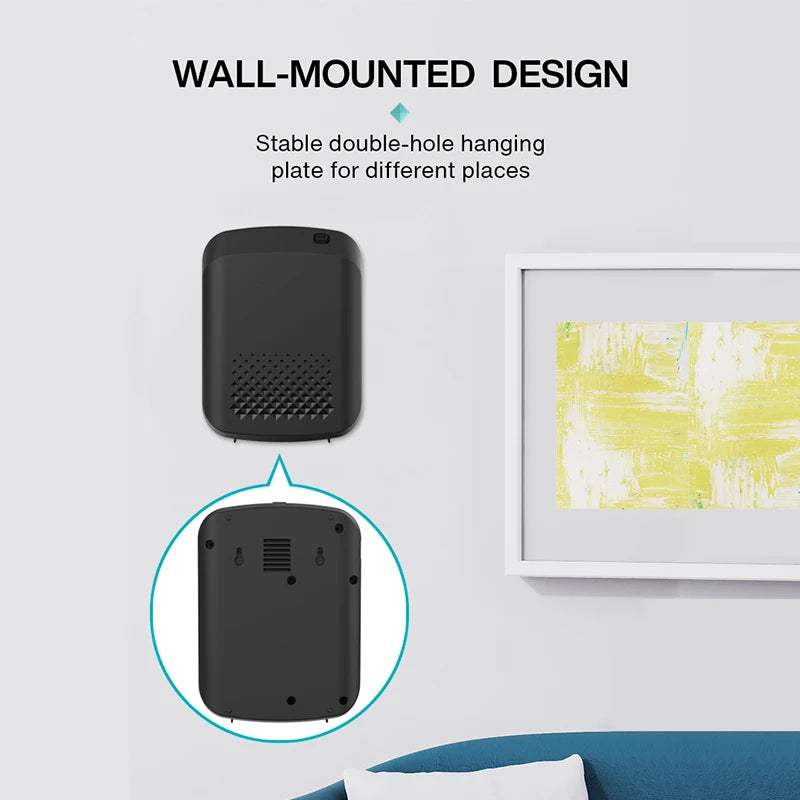 Black wall-mounted hanging plate with stable double-hole design on a white wall with a framed picture.
