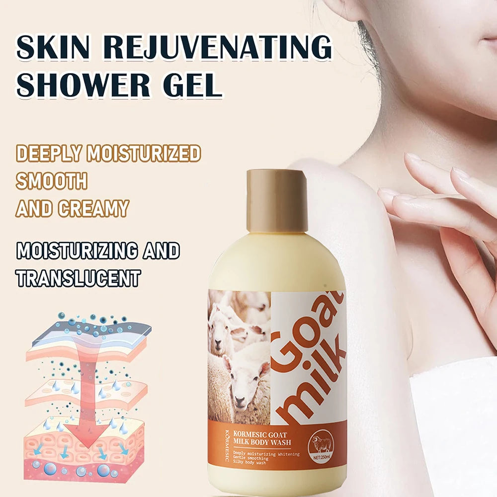 Goat milk shower gel bottle with product features and benefits on a light background