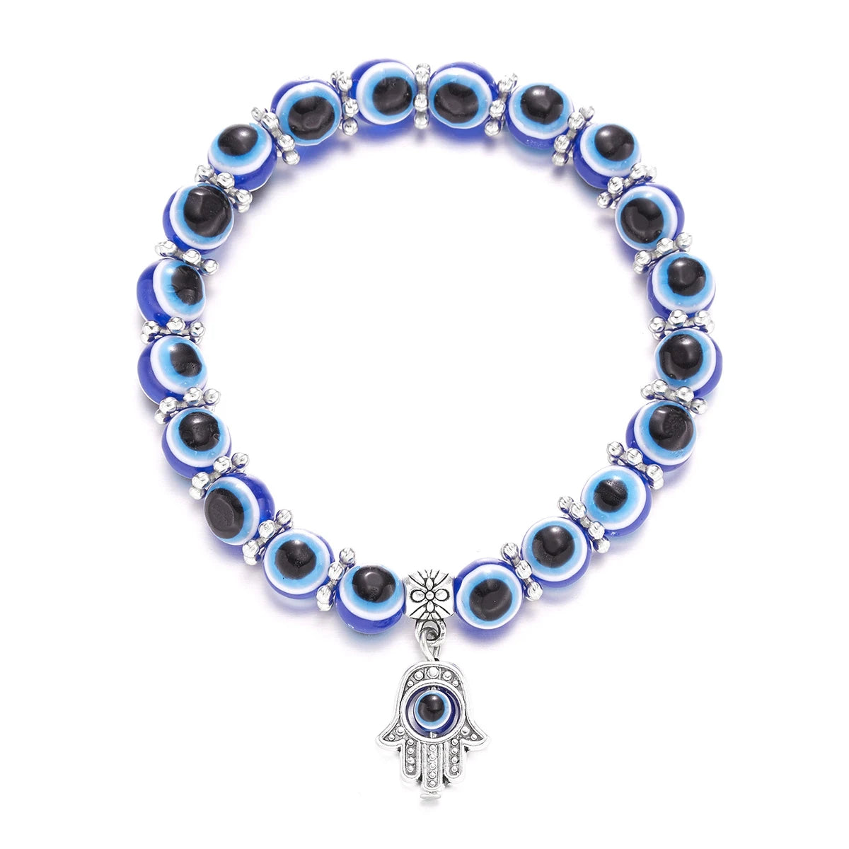 Bracelet with blue and black eye-shaped beads and a silver hamsa hand charm on a white background