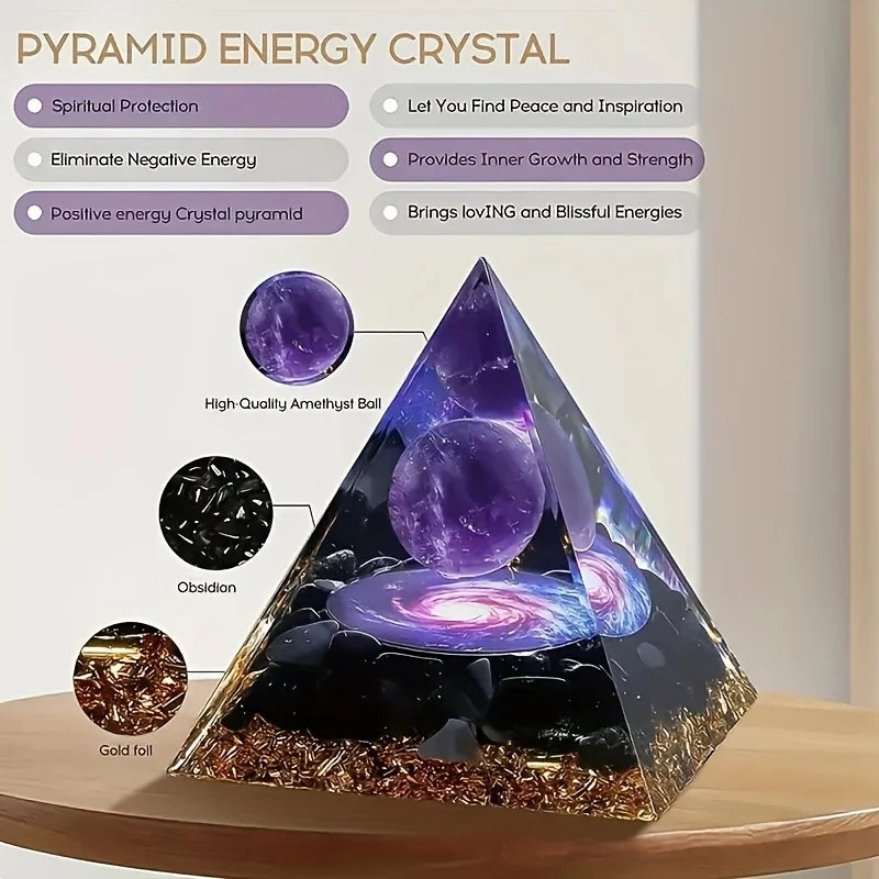 Pyramid energy crystal with features listed on a white background
