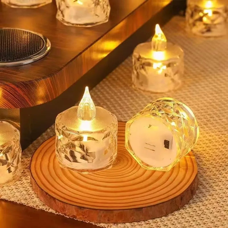 Decorative LED candles on a wooden coaster with a warm glow.