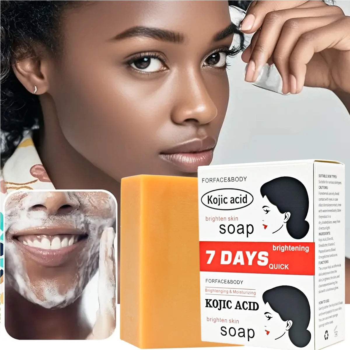 Kojic acid soap packaging with a woman applying cream and a close-up of a face with soap.